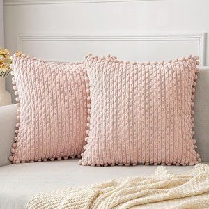 Pompom Pink Stripe Texture Corduroy Farmhouse Cute Luxury Soft Pillow Cover Set